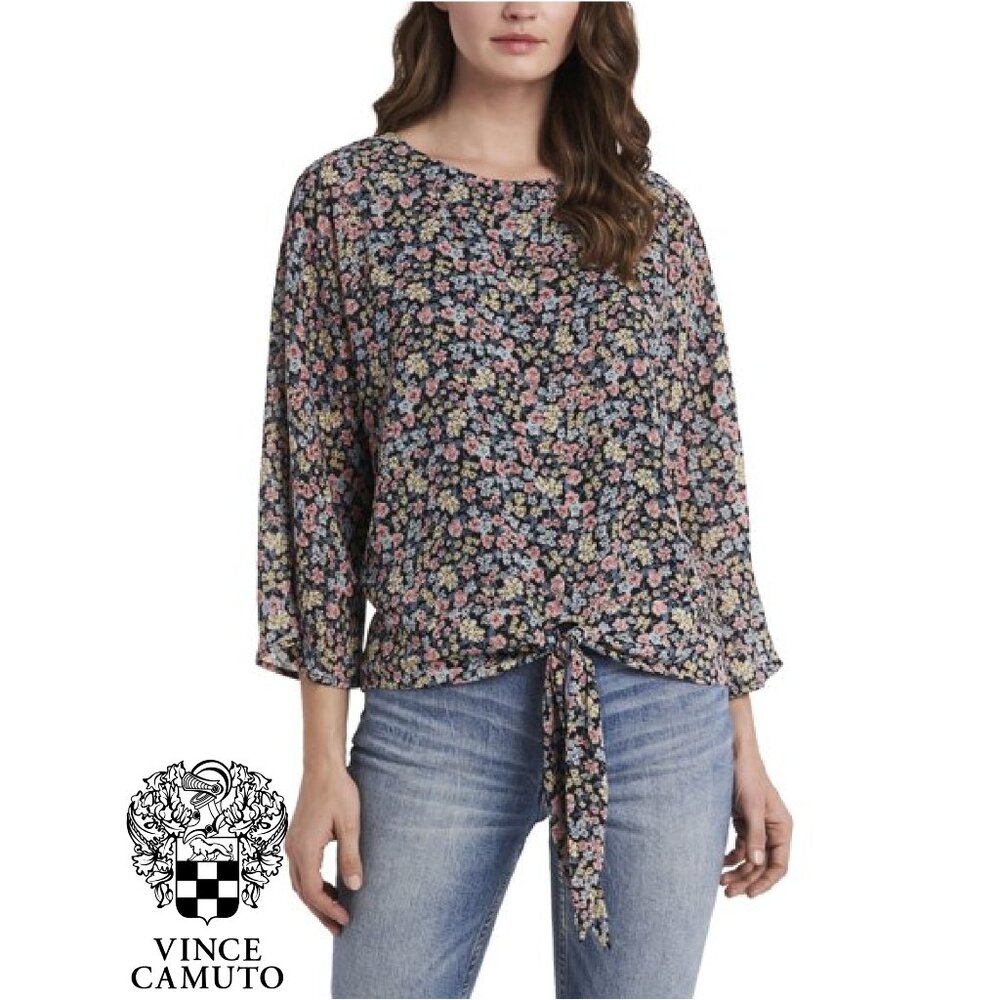 Vince Camuto Floral Tie 3/4 Sleeve Crew Neck Blouse